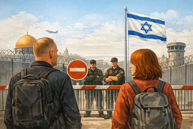 Illustrative editorial image of a border-entry restriction affecting two Swedish European Parliament members traveling to visit the Palestinian Authority