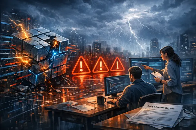 Abstract visualization of a fractured blockchain network grid with warning indicators, representing the Sui mainnet outages in May 2026.