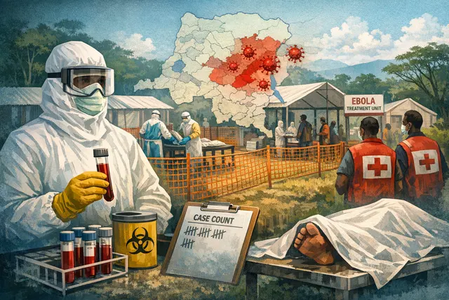 Map and visual summary of the 2026 Bundibugyo Ebola outbreak in the Democratic Republic of the Congo, showing affected provinces in eastern DRC and Uganda.