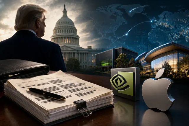 Illustration representing Donald Trump’s ethics filings and investments in major tech companies like Nvidia and Apple
