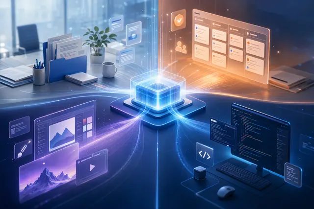 Editorial illustration of an AI-assisted development workflow combining task coordination and coding.