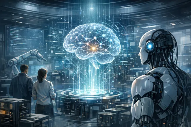 Abstract visualization of a self-improving AI agent architecture from Hexo Labs