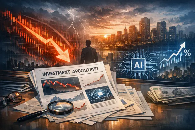 Editorial illustration of market risk, falling technology stocks and gold as a defensive asset