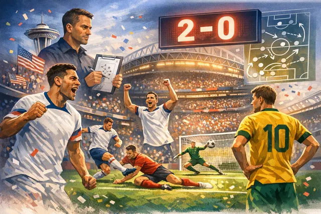 USMNT players celebrating their 2-0 victory over Australia in the 2026 FIFA World Cup group stage at Lumen Field in Seattle