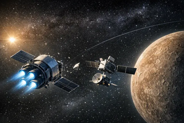 Editorial illustration of the BepiColombo spacecraft approaching Mercury before its Mercury Transfer Module separation