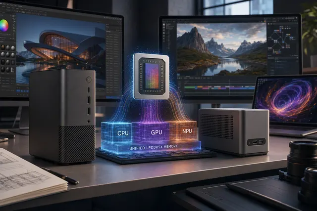 Editorial illustration of compact AI mini workstations for local large-language-model inference