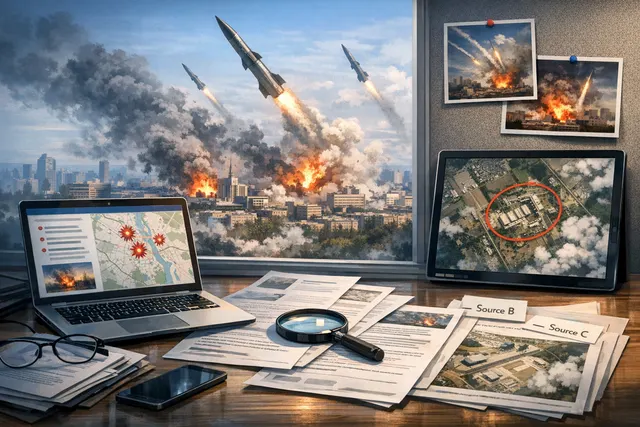 AI-generated visual representing a large-scale ballistic missile attack on a city at night with explosions and smoke over a skyline resembling Kyiv.