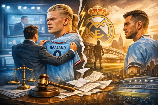 A split-image showing the Real Madrid presidential election controversy: a Haaland Real Madrid shirt on one side, and a Manchester City legal document concept on the other.