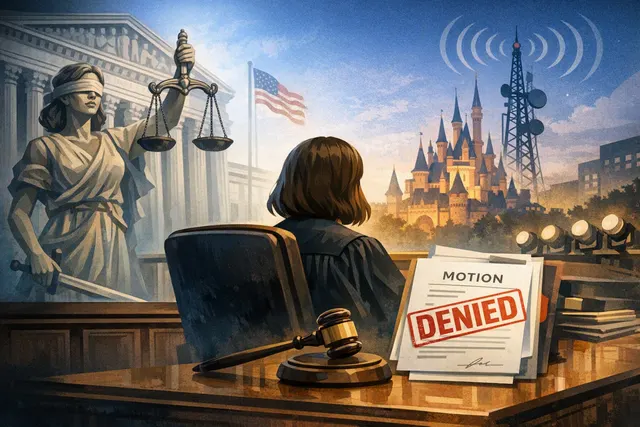 Illustration representing Disney’s lawsuit against the FCC over the early review of eight ABC station licenses