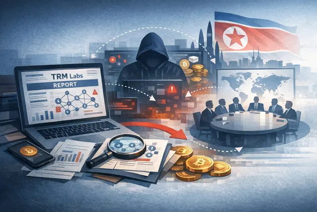 Digital illustration showing a stylized North Korean flag merged with cryptocurrency blockchain symbols and a magnifying glass overlay, representing state-linked crypto theft and i
