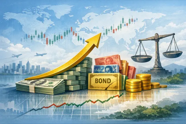 Illustration of dollar-funded emerging-market carry trades, showing US dollar funding flowing into higher-yielding emerging-market currencies and bonds