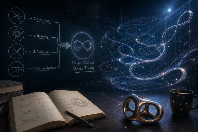 Conceptual illustration of string theory emerging from basic physical assumptions through mathematical bootstrapping