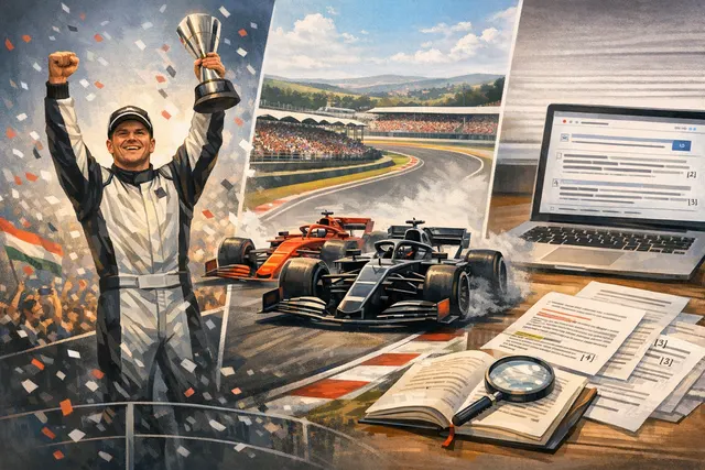 AI-generated editorial image showing a Formula 1 race scene at the Hungaroring circuit for the 2026 Hungarian Grand Prix