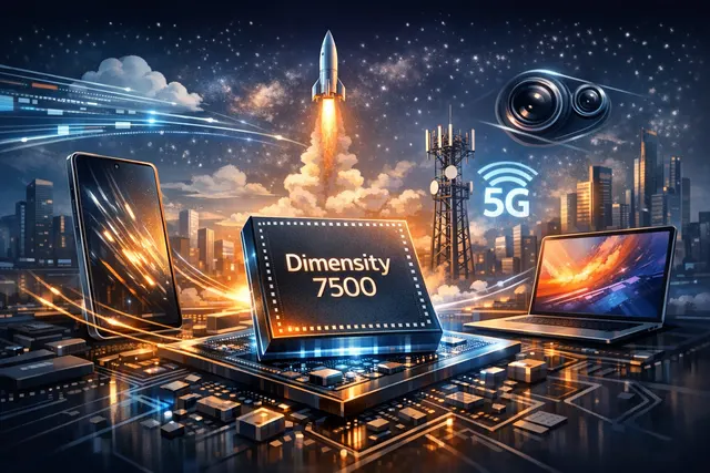 Conceptual render of the MediaTek Dimensity 7500 chipset with abstract circuit patterns, representing its advanced 4nm process and new Arm C1 CPU cores.
