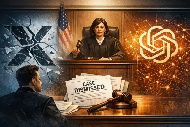 Federal judge's gavel and digital AI network representing the dismissed xAI vs. OpenAI trade secret lawsuit case.