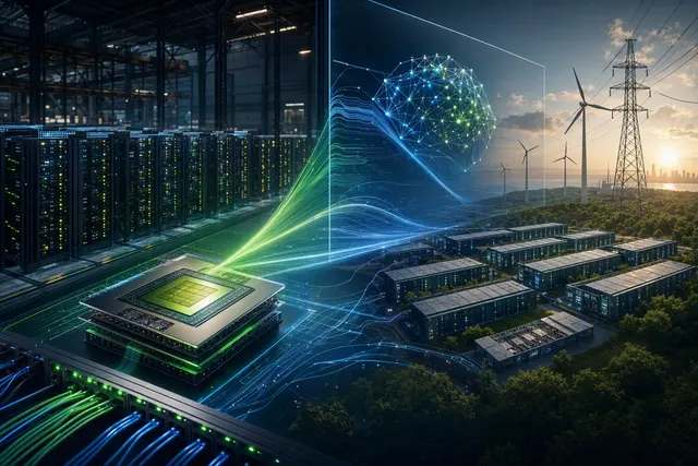 Illustration of an AI data center representing Nvidia’s tokens-per-megawatt AI factory strategy