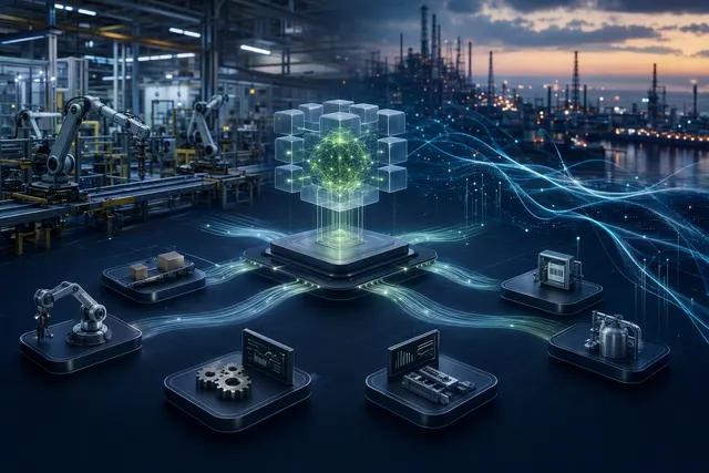 AI-generated editorial illustration representing industrial AI orchestration