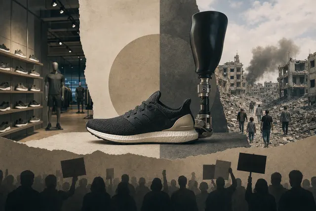 Editorial illustration about Adidas’s Single Shoe Service backlash and the Gaza amputee rehabilitation crisis