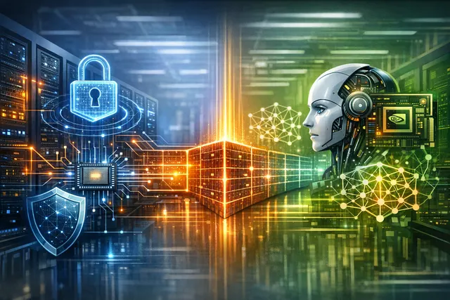 Conceptual illustration of a secure AI factory with zero trust hardware protection between data processing units and autonomous AI agents