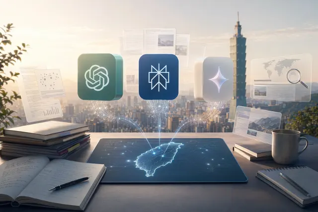 ChatGPT、Perplexity 與 Gemini 三款研究型 AI App 的比較示意圖