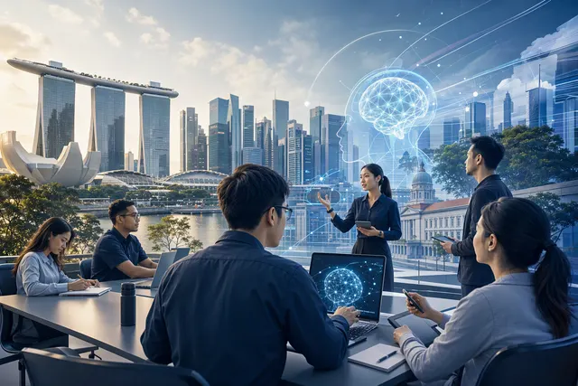 AI-generated editorial illustration for an article about digital and AI training in Singapore’s public service