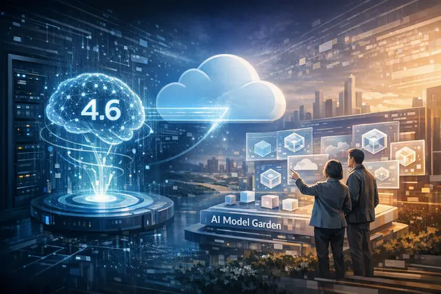 Abstract editorial illustration of Grok 4.6 connecting with Google Cloud infrastructure