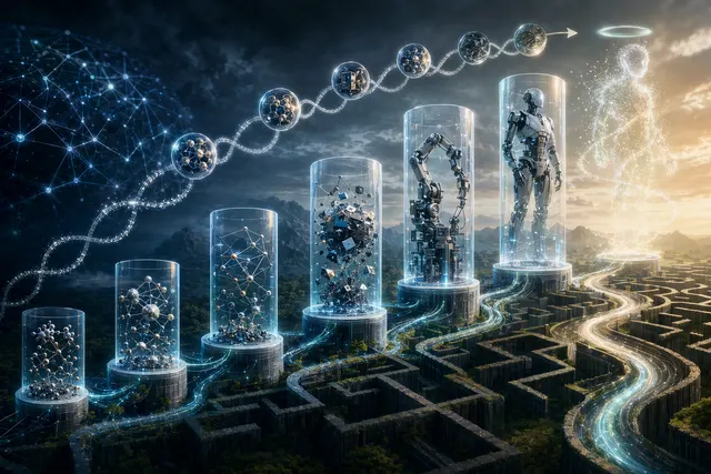 抽象數碼網絡中，多個 AI 代理節點像生物族群一樣複製和演化的概念圖