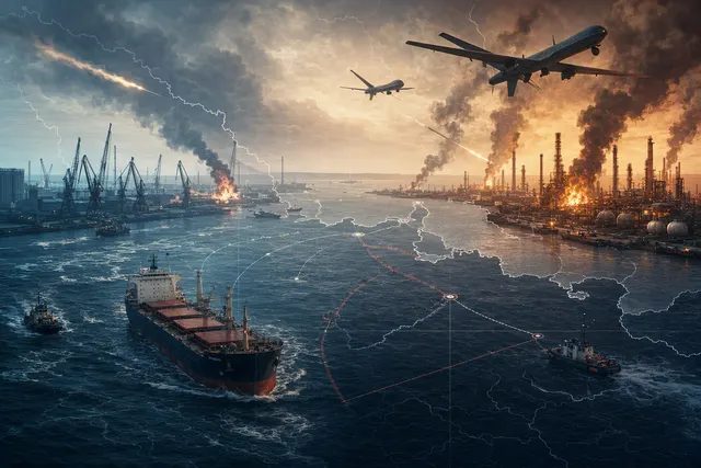 Editorial illustration of the Russia–Ukraine conflict’s impact on Black Sea shipping and energy infrastructure