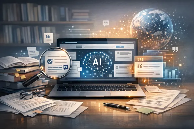 AI-generated illustration of a researcher using AI tools on a laptop to find academic sources, with floating paper icons and citation nodes.