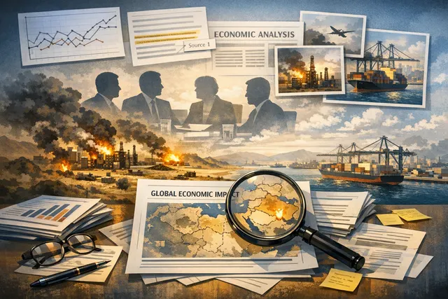 A conceptual image showing oil tankers, globe, and economic symbols representing the global economic impact of the Middle East war.
