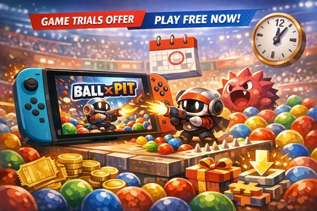 BALL x PIT Game Trials promotional artwork with the game's logo and Nintendo Switch branding