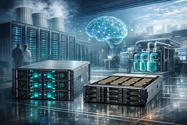 Futuristic data center aisle with rows of illuminated server racks, representing Supermicro DCBBS AI-factory infrastructure for NVIDIA Rubin GPUs.