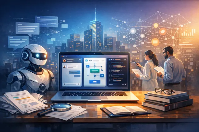 Conceptual digital illustration representing OpenAI's ChatGPT Work agent, GPT-5.6, and the new desktop superapp merging Chat, Work, and Codex into a single interface