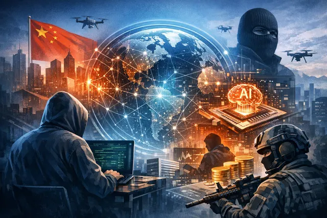 Digital representation of a technology threat landscape with AI, network nodes, and adversarial indicators based on CrowdStrike's 2026 Technology Threat Report