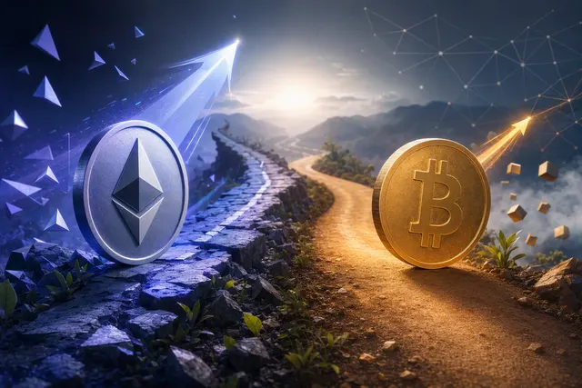 AI-generated editorial illustration for an Ethereum-versus-Bitcoin market comparison