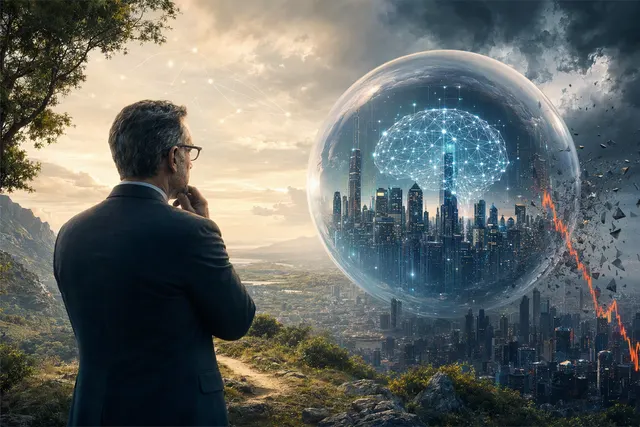 Editorial illustration about investor debate over AI-stock bubble risk