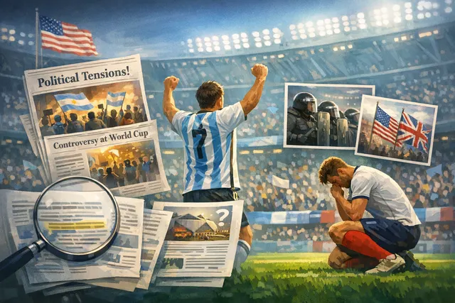 Argentina players celebrating with a banner that reads 'Las Malvinas son Argentinas' after their 2026 World Cup semifinal win over England at Mercedes-Benz Stadium in Atlanta.
