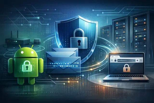 Illustration of an Android smartphone sending an encrypted network connection while website names and network metadata are shown as separate layers