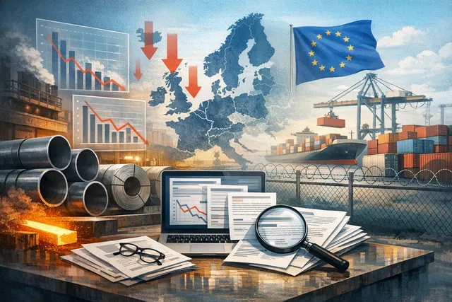 EU steel production and trade data chart showing declining exports and record-low output in 2025-2026