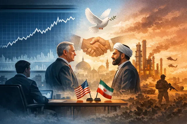 European equity market rally visualization showing stock charts surging upward as oil price indicators drop, reflecting the Barclays analysis of peace deal upside