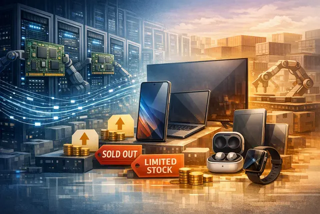 Editorial illustration of AI data centers competing with consumer electronics for scarce memory chips