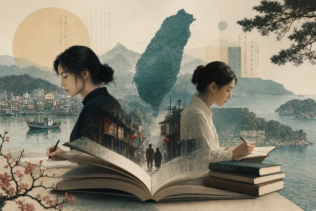 小说《台湾漫游录》主题插图，象征1930年代日治台湾与文学旅行