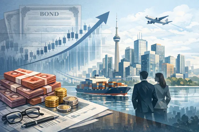 Abstract illustration of a Canadian bond market milestone, showing a stylized C$14 billion figure overlaid on a digital finance grid with Canadian maple leaf motifs