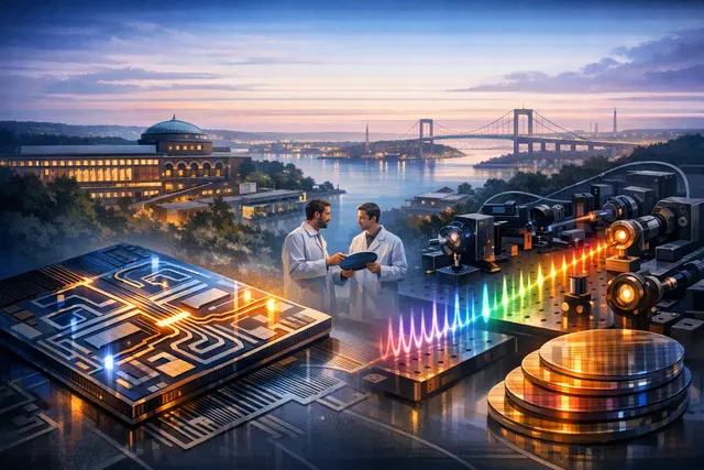 Illustration of a silicon-nitride photonic chip using microcomb technology for AI data-centre optical interconnects