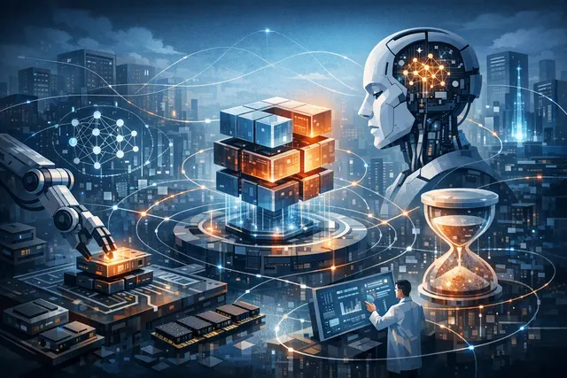 Abstract illustration of a modular AI agent runtime with reversible plugin components and interconnected feedback loops