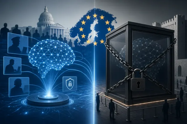 AI-generated editorial illustration comparing OpenAI and Anthropic cybersecurity AI access for EU institutions