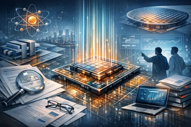 Abstract visualization of a semiconductor wafer with dual-side power delivery architecture concept for Intel's 14A2 chip process