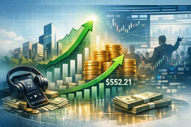 Editorial illustration of Spotify’s Q2 2026 earnings, subscriber growth, record margins and stock rally