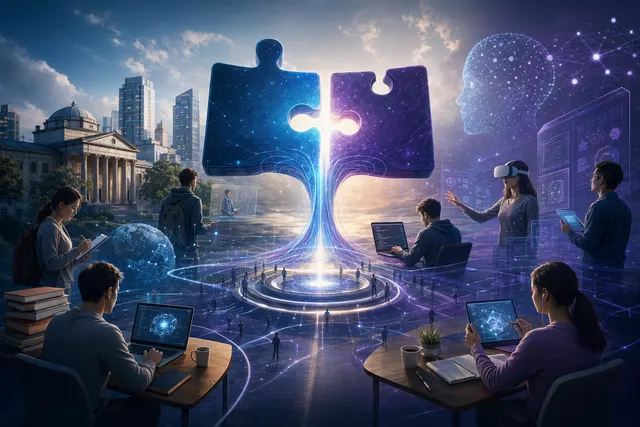 Editorial illustration of online learners using AI skills dashboards after the Coursera and Udemy merger announcement