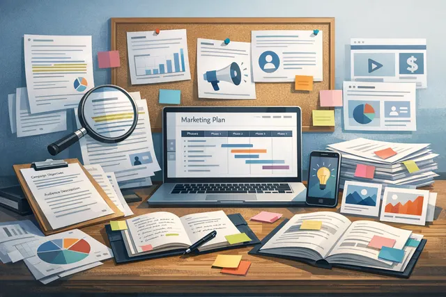 An abstract illustration of a marketing campaign workflow with AI prompts, symbols for strategy, content, and analytics arranged in a funnel shape.